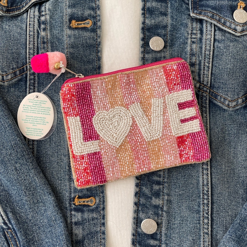 Pink LOVE Coin Pouch Seed Bead Coin Pouch  Beaded Coin Bag Women’s Wallet - Picture 3 of 6